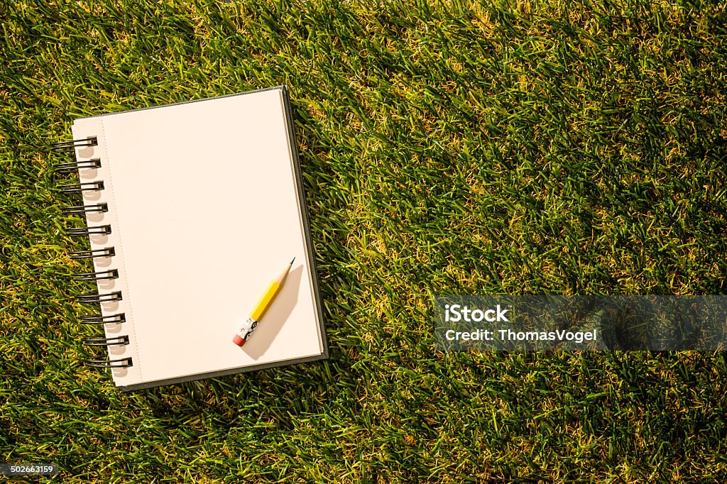 Блокнот и карандаш на траве - Стоковые фото Лето роялти-фри