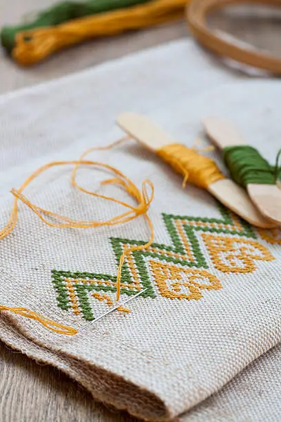 Photo of Ukrainian embroidery on the linen fabric