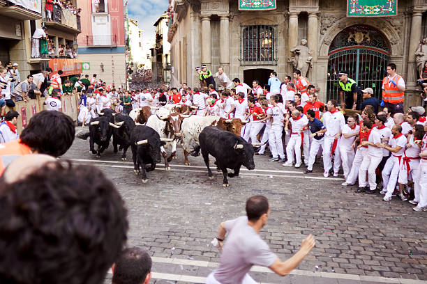 At festival of San Fermin. Pamplona Pamplona, Spain - July 8, 2013: Unidentified men run from bulls in street Estafeta during San Fermin festival in Pamplona. bushmen stock pictures, royalty-free photos & images