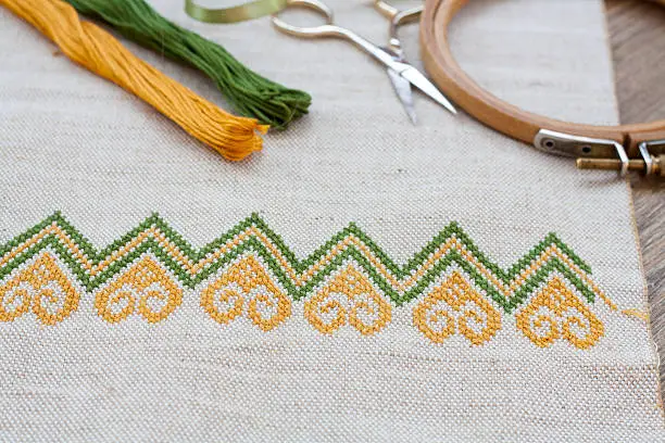 Photo of Ukrainian embroidery on the linen fabric
