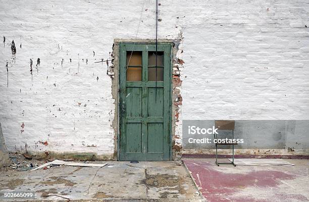 Old White Brick Wall With Green Door Stock Photo - Download Image Now - Abandoned, Architecture, Brick