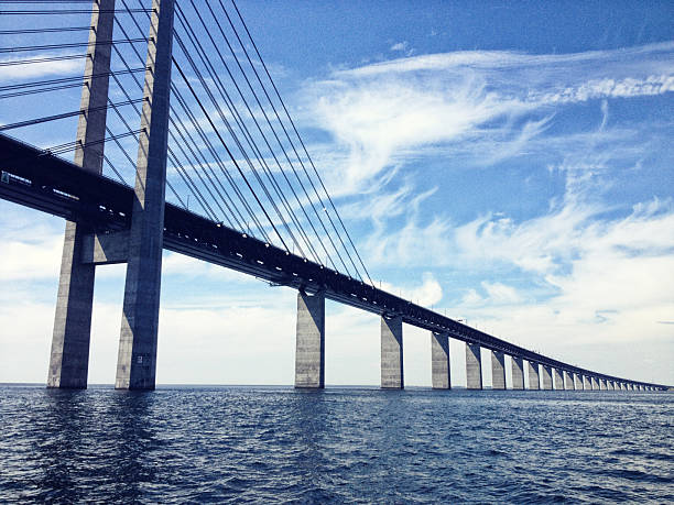 The Oresundsbron cable stayed Oresund Link bridge linking Sweden and Denmark over the Oresund water. Slightly filtered. Captured with iPhone4S