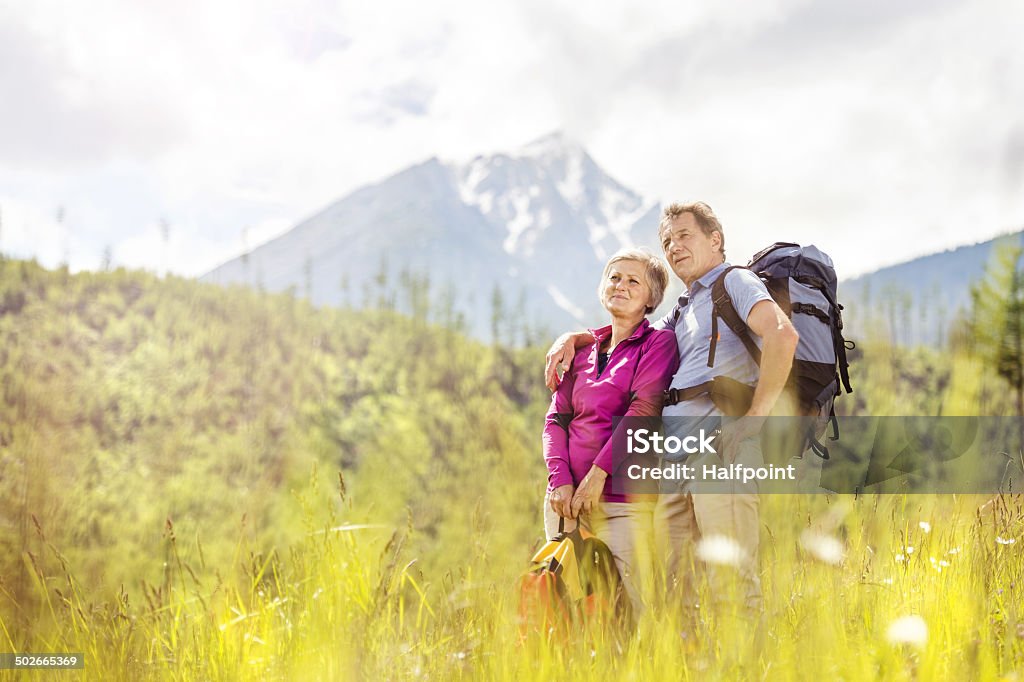 Senior couple hiking Senior tourist couple hiking at the beautiful mountains Couple - Relationship Stock Photo