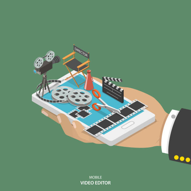 Mobile video editor flat isometric vector concept. Mobile video editor flat isometric vector concept. Hand with smartphone and equipment for movie creating like film strip, camera, directors chair on it. video still photos stock illustrations