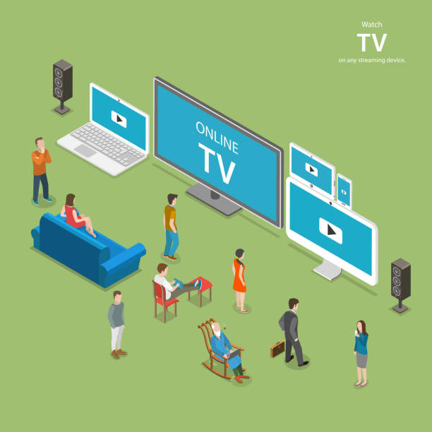 Streaming TV isometric flat vector illustration. Streaming TV isometric flat vector illustration. People watch online TV on different internet-enabled devices like PC, laptop, TV set tablet, smartphone. professional video camera stock illustrations