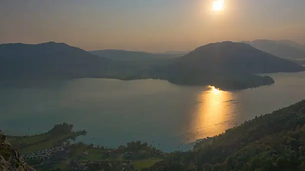 Sunrise at lake Mondsee, Austria. Seen from Mount Drachenwand.