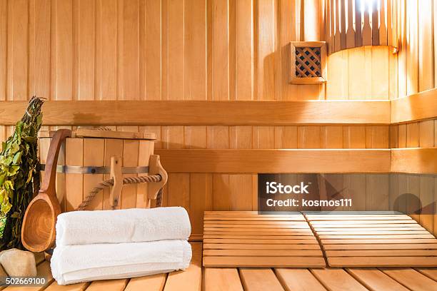 Steam Room Made Of Natural Wood And Accessories Stock Photo - Download Image Now - Sauna, 2015, Alternative Lifestyle