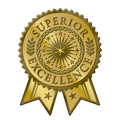 This is a vector art illustration of a gold metallic certificate sticker seal. This graphic is for superior excellence in learning. Jazz up any award or certificate with this art. This is a classic looking metal of honor with ribbons hanging down and a jagged edge.