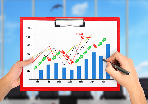 hands drawing stock chart in red clipboard