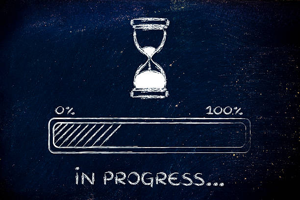 please wait hourglass illustration with progress bar stock photo