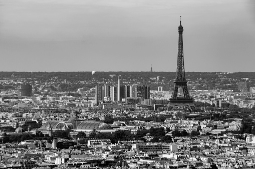 Paris skyline view from Eiffel Tower. Black and white.