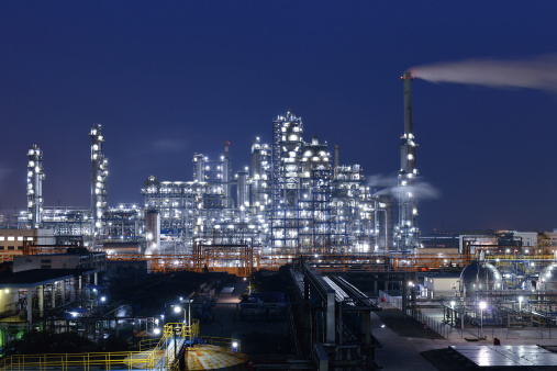 Panoramic refinery & chemical plant at night. 