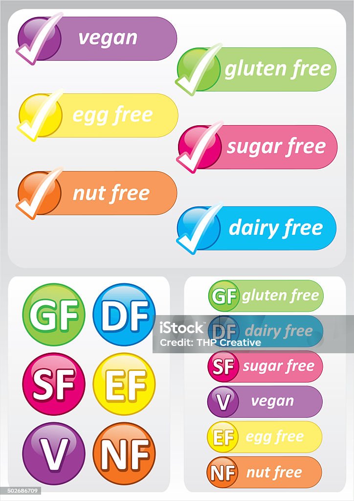 Food Allergy Labels Selection of colorful food allergy labels including gluten, nut, dairy, sugar and egg free Allergy Stock Photo