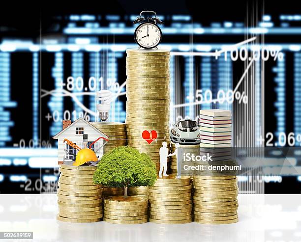 Gold Coins And Graph Them Stock Photo - Download Image Now - Bank - Financial Building, Bank Account, Banking