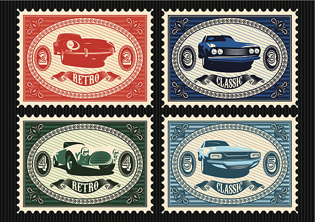 ilustrações de stock, clip art, desenhos animados e ícones de conjunto de selos postais com carros - postage stamp backgrounds correspondence delivering