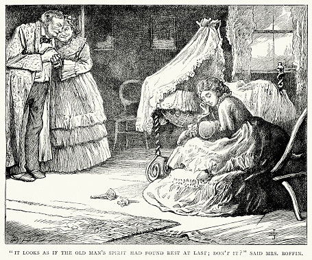 Vintage engraving from the works of Charles Dickens. From Our Mutual Friend. It looks as if the old man's spirit had found rest at last; don't it ? said Mrs Boffin.