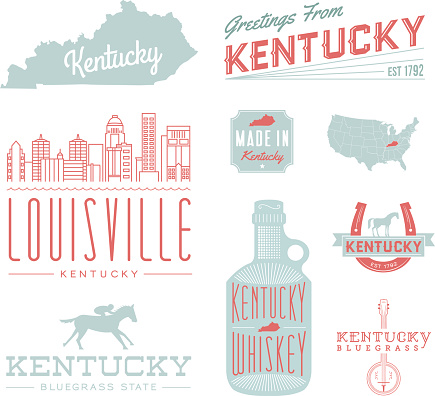 A set of vintage-style icons and typography representing the state of Kentucky, including Louisville. Each items is on a separate layer. Includes a layered Photoshop document. Ideal for both print and web elements.