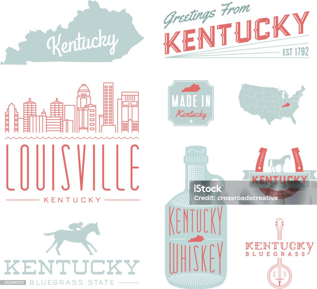 Kentucky Typography A set of vintage-style icons and typography representing the state of Kentucky, including Louisville. Each items is on a separate layer. Includes a layered Photoshop document. Ideal for both print and web elements. Kentucky stock vector