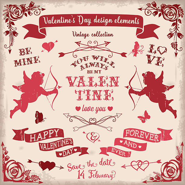 ilustraciones, imágenes clip art, dibujos animados e iconos de stock de día de san valentín conjunto de elementos de diseño vintage colores brillantes en burdeos - valentine card valentines day old fashioned pattern