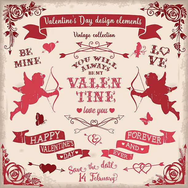 Vector illustration of Valentine's Day vintage design elements set in burgundy colors