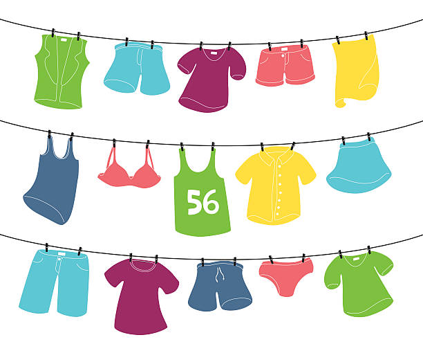 ilustrações, clipart, desenhos animados e ícones de roupas na linha de lavagem - laundry clothing clothesline hanging