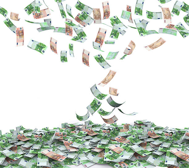 Falling euros on white background Falling Euros both from front and back like real one on white background. High resolution, sharp 3D rendering. pennies from heaven stock pictures, royalty-free photos & images