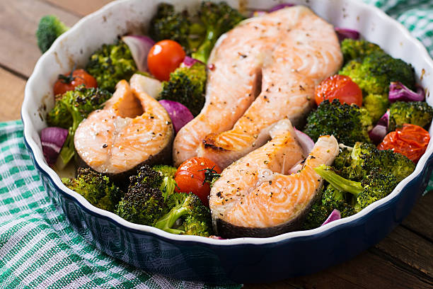 istock Baked salmon steak with vegetables. Diet menu. 502701366