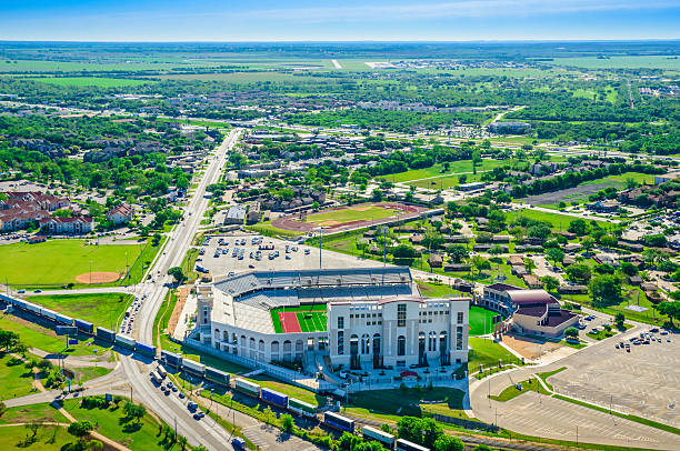 istock San Marcos Texas Aerial Panoramic Skyline, TXST Bobcat Stadium 502704365