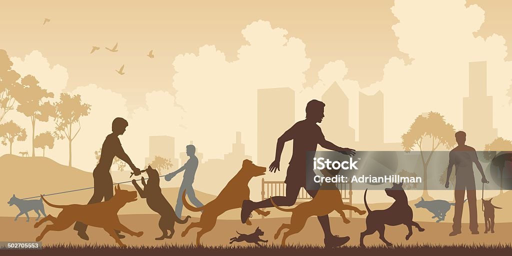 Dog park Editable vector illustration of dogs and their owners in a park with all elements as separate objects Off-leash Dog Park stock vector