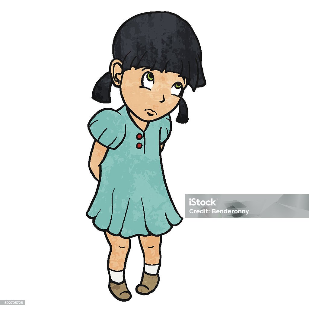 Cute Sad Guilty Little Girl In Blue Dress Cartoon Illustration ...