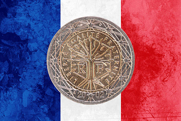 moneta da due euro francese con bandiera della francia come sfondo - france currency macro french coin foto e immagini stock