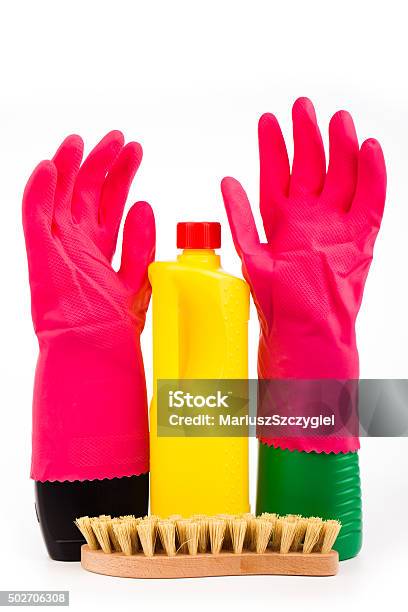Colorful Cleaning Equipment On Table Stock Photo - Download Image Now - 2015, Bathroom, Bottle