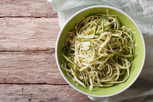 istock Useful raw zucchini pasta in a bowl closeup top view 502707142