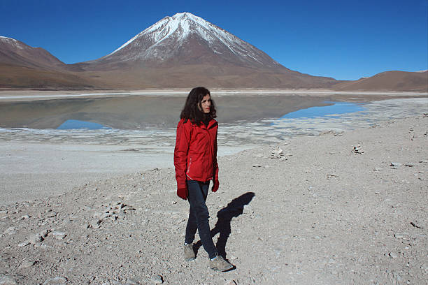 female in red jacket on mountain background Bolivia