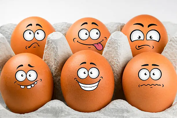 Photo of Eggs with faces and various expressions.