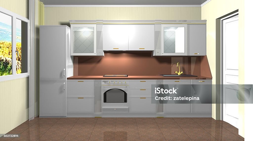 White Kitchen Interior Design 3d Rendering Stock Photo - Download Image ...
