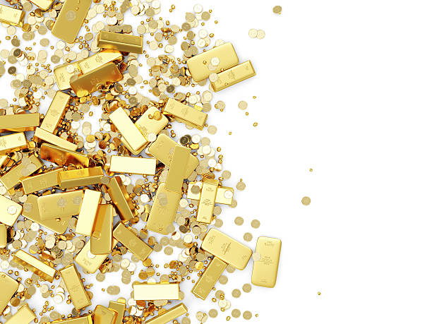 haufen von treasure.  golden bars, münzen und goldenen stücke - gold coin ingot bullion stock-fotos und bilder