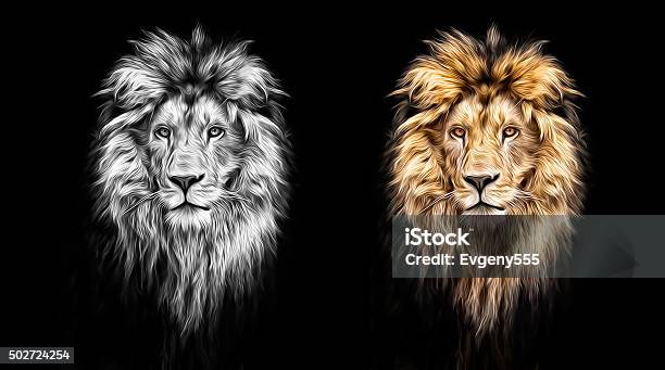 Portrait Of A Beautiful Lion Lion In The Dark Oil Paints Stock Photo - Download Image Now