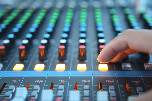 istock Close up hand on an analogue mixing 502724678