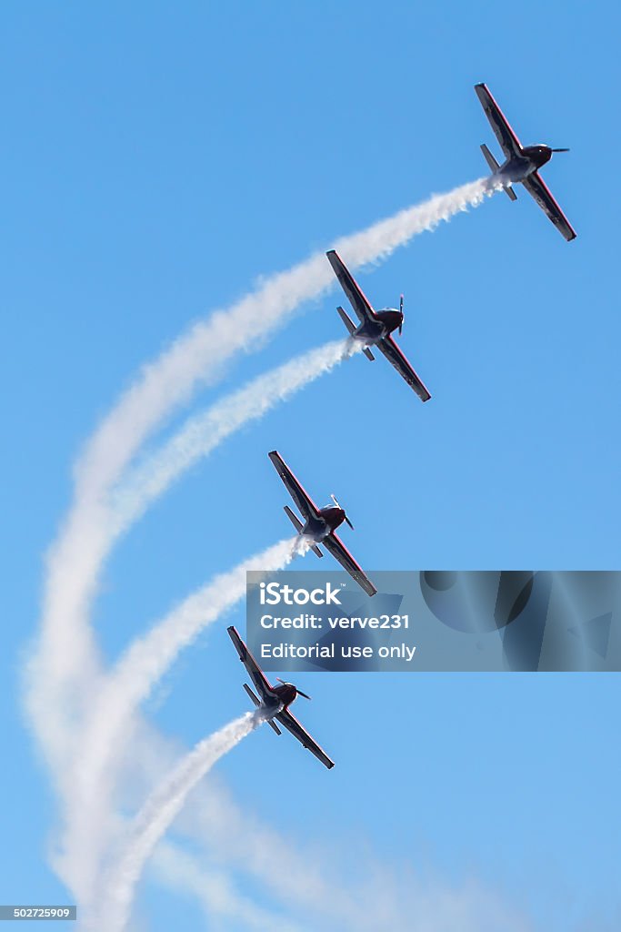 Pioneer Team Kavala, Greece - June 21, 2014: Flying display and aerobatic show of Pioneer Team in Kavala Airshow 2014, in Kavala, Greece.  The Municipality of Kavala, as head of the Organizing Committee, is planning its fourth consecutive international air and naval organization «4th Kavala AirSea Show 2014», on 20, 21 and 22 June in the coastal zone of the port of our city and the surrounding area. 2014 Stock Photo