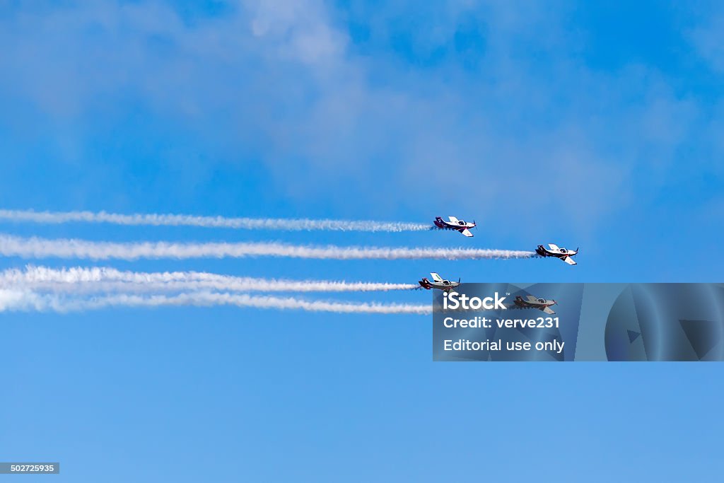 Pioneer Team Kavala, Greece - June 21, 2014: Flying display and aerobatic show of Pioneer Team in Kavala Airshow 2014, in Kavala, Greece.  The Municipality of Kavala, as head of the Organizing Committee, is planning its fourth consecutive international air and naval organization «4th Kavala AirSea Show 2014», on 20, 21 and 22 June in the coastal zone of the port of our city and the surrounding area. 2014 Stock Photo