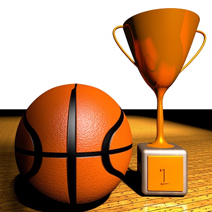 Basketball and golden cup, black background, 3d render