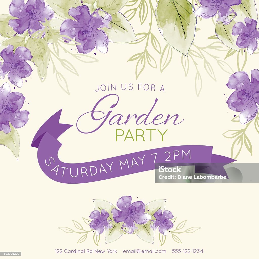 Pretty feminine Watercolor Flowers Garden Party Invitation Template Watercolor feminine Garden Party Invitation Template. There are watercolour leaves and purple flowers. There is a room for text. Ideal for bridal or baby showers,wedding invitations, garden party or tea parties. Soft feminine colors. Flower stock vector