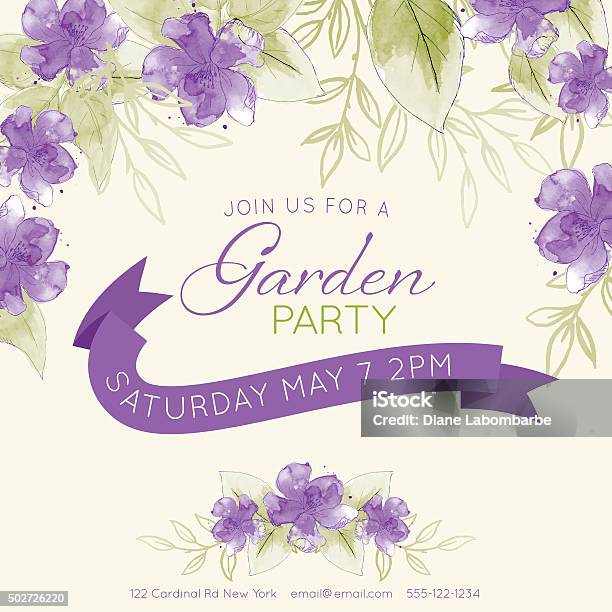 Pretty Feminine Watercolor Flowers Garden Party Invitation Template Stock Illustration - Download Image Now