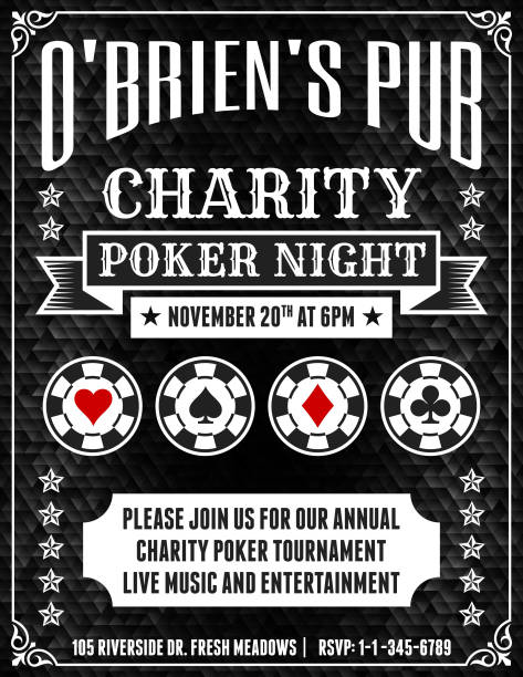 illustrazioni stock, clip art, cartoni animati e icone di tendenza di poker torneo di beneficenza poster su sfondo nero - pub