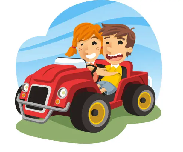 Vector illustration of Children driving toy car