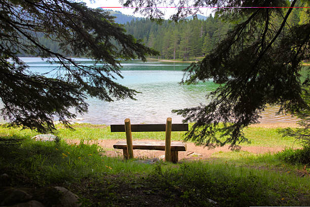 istock Wooden bench at mountain 502730242