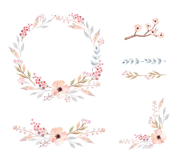 Floral Frame Collection. Set of cute watercolor flowers. Floral Frame Collection. Set of cute retro flowers arranged un a shape of the wreath perfect for wedding invitations and birthday cards pink flower frame stock illustrations