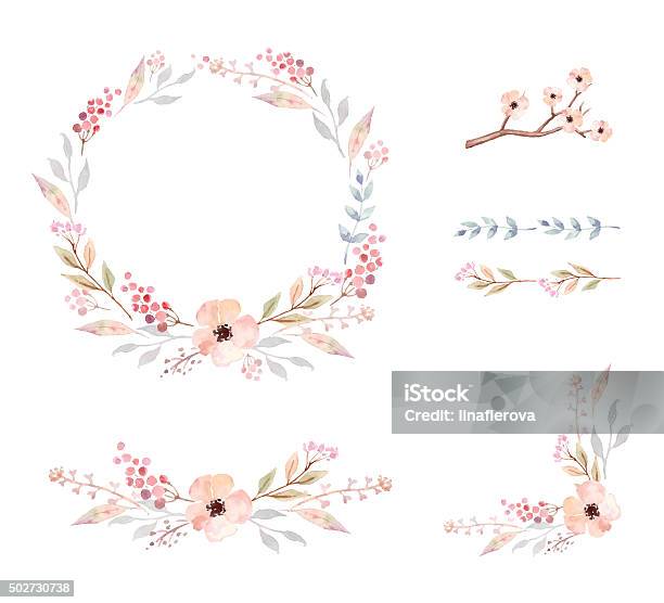Floral Frame Collection Set Of Cute Watercolor Flowers Stock Illustration - Download Image Now