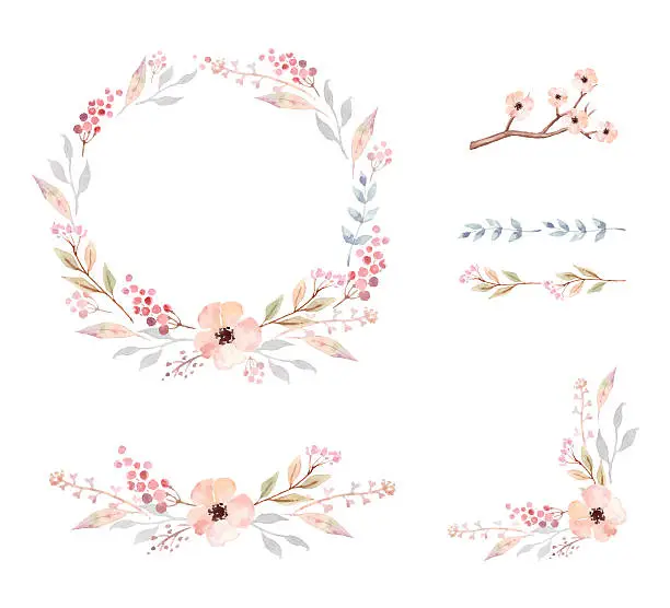 Vector illustration of Floral Frame Collection. Set of cute watercolor flowers.
